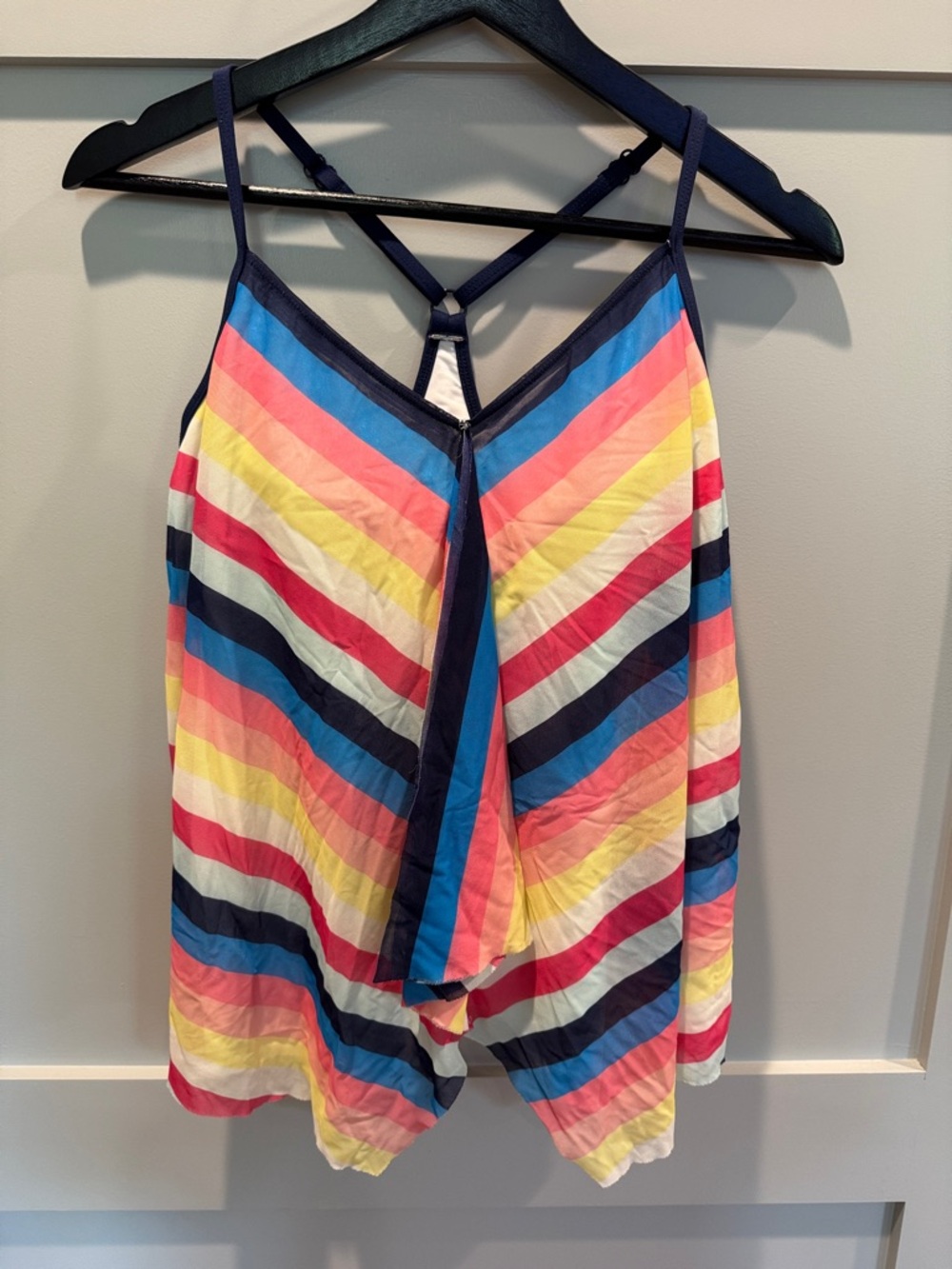 Beach House Multicolor Stripe Women’s Swim Top— Navy Trim